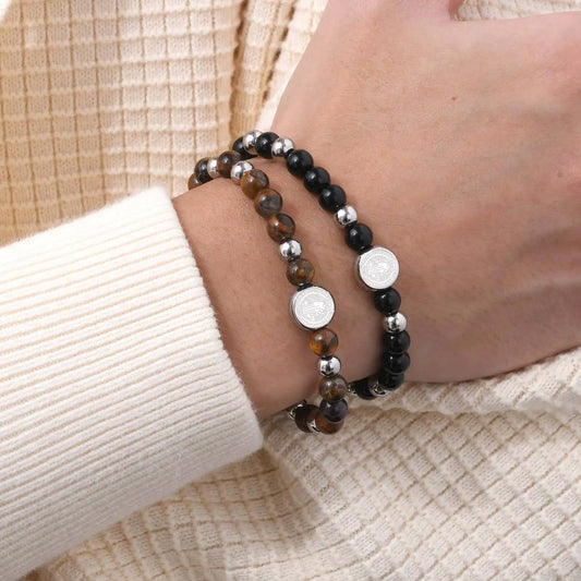 Saint Benedict Beaded Bracelets for Men Boys,Adjustable Stainless Steel Round Charms Wristband,Christian Religious Jewelry Gift