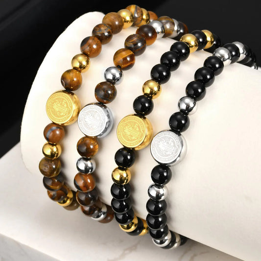 Saint Benedict Beaded Bracelets for Men Boys,Adjustable Stainless Steel Round Charms Wristband,Christian Religious Jewelry Gift